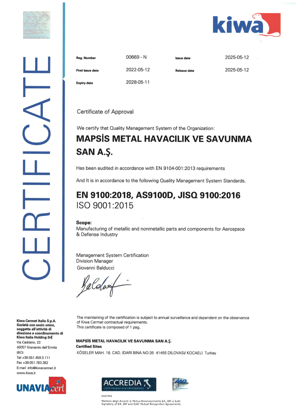 AS9100 Rev D sertifikası
