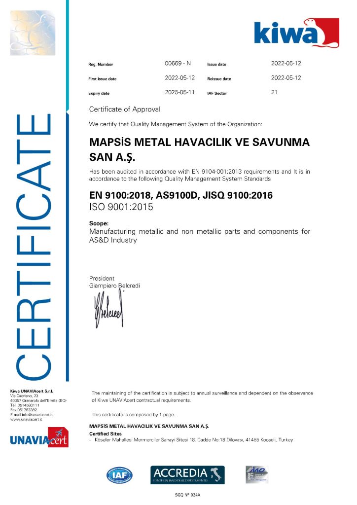 Mapsis Metal AS9100 sertifikası